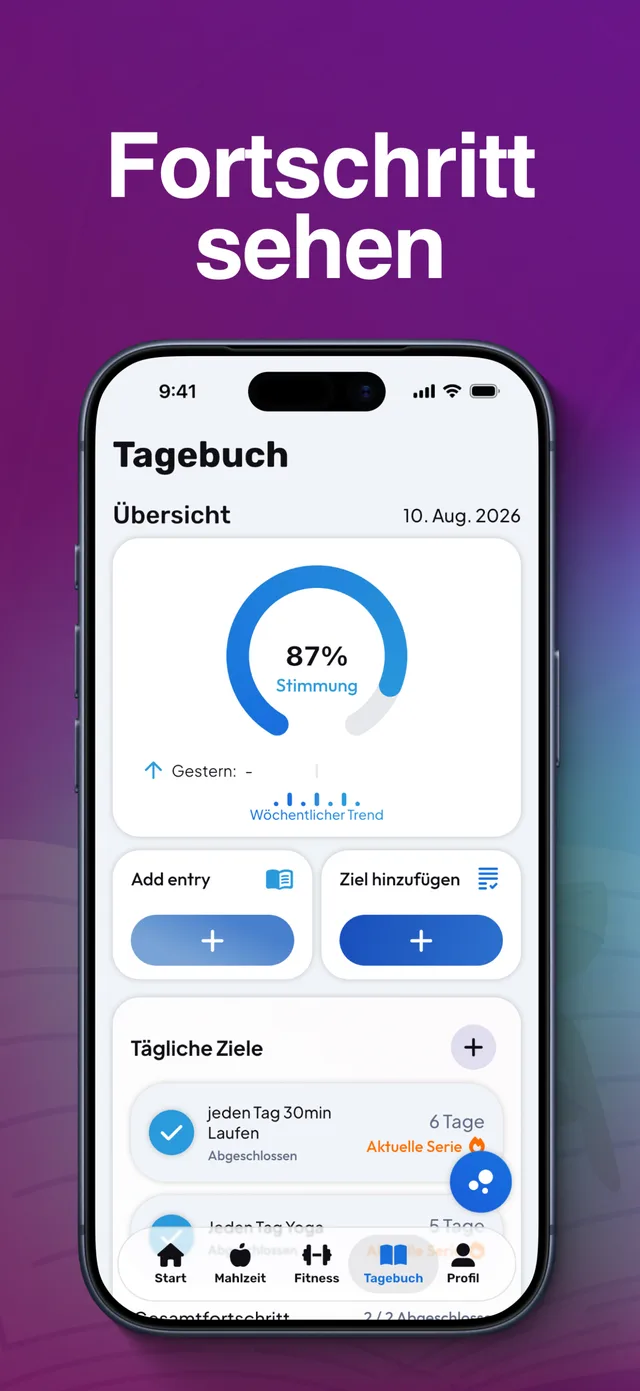 Ryvion App: Tagebuch mit Stimmung und täglichen Zielen